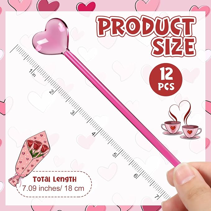 12 Pcs Heart Drink Stirrers Stir Sticks Valentine's Day Coffee Stirrers Swizzle Sticks Hot Cocoa Bar Supplies Coffee Bar Decoration Reusable Beverage Cocktails Mixers