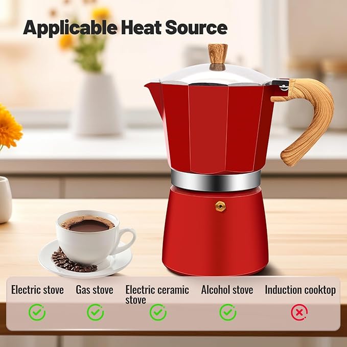 Vaolvpant 12 Cup Aluminum Moka Pot Classic Stovetop Espresso Coffee Maker 600ml 20oz Coffeemaker Percolator Mocha Pot Greca Coffee Maker Cafe Makers for Italian and Cuban Café Brewing Red