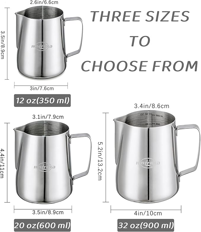 12oz Milk Frothing Pitcher, Stainless Steel with Latte Art Spout & Measurement Markings for Home Baristas, Silver