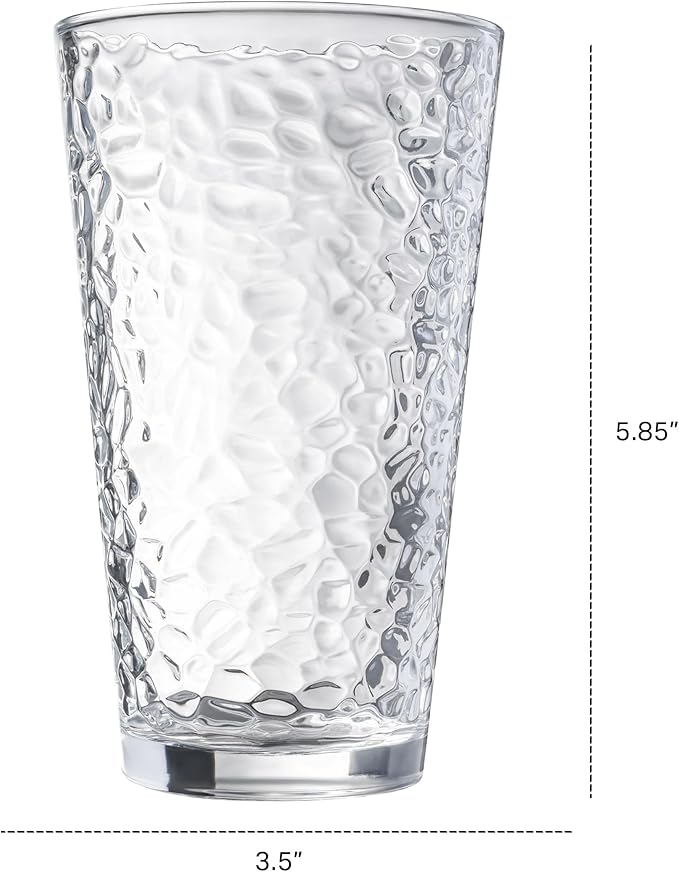 Set of 10 Hammered Glass Cups, 16oz. Dishwasher Safe Cocktail Drinking Glasses - Clear Heavy Base Stemmed Water Glasses, Tall Beer Glasses, Bar Glass, Juice, Iced Tea, Margarita, & Everyday Drinks