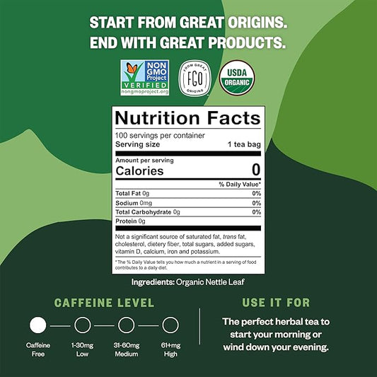 FGO Organic Nettle Leaf Tea, 100 Count, Eco-Conscious Tea Bags, Caffeine Free, Resealable Bag, Packaging May Vary (Pack of 1)