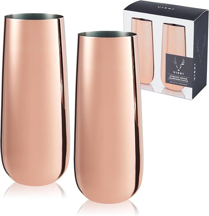 Viski Stemless Champagne Flutes, Stainless Steel Sparkling Wine Glasses for Prosecco, Sparkling Cocktails, Mimosas, Elegant Glassware for Wedding Gifts, Home Bar, 8 oz, Set of 2, Copper