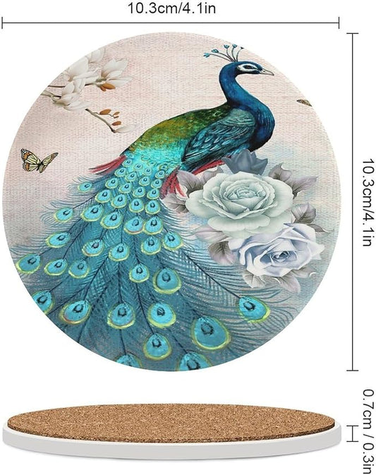 Round-6PCS Peacock Drink Coasters, Round Modern Ceramic Absorbent Coasters, Vintage Tree Branch Beautiful Teal Peacock Floral Decor Desk Coffee Table Coaster for Beverage Cup Tea Coasters