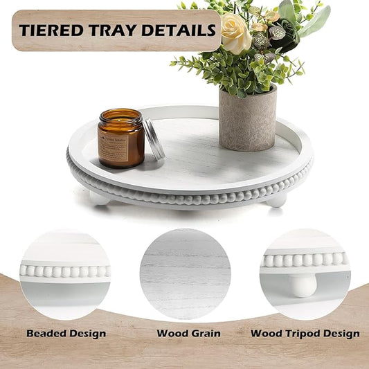 Wooden Beaded Decor Tray for Coffee Table, Rustic Wooden Trays Table Centerpieces, Decorative Trays for Home Decor Kitchen Table Farmhouse Serving Tray (Round White)