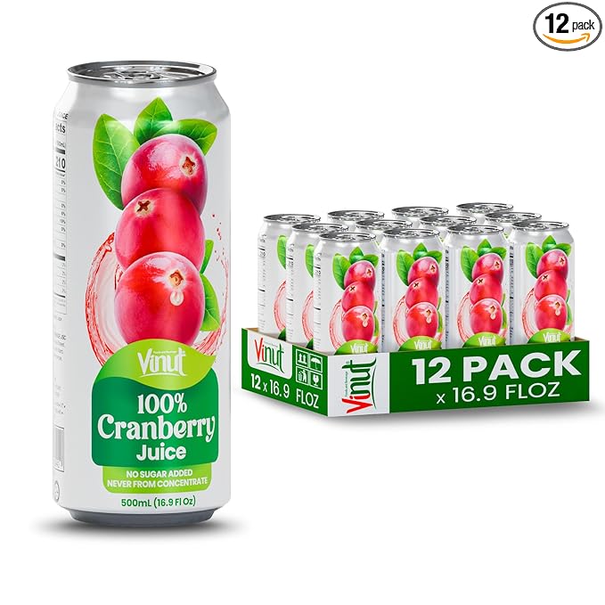 VINUT 100% Cranberry Juice, No Added Sugar, Not From Concentrate, 16.9 fl oz (500 mL) Can, Pack of 12