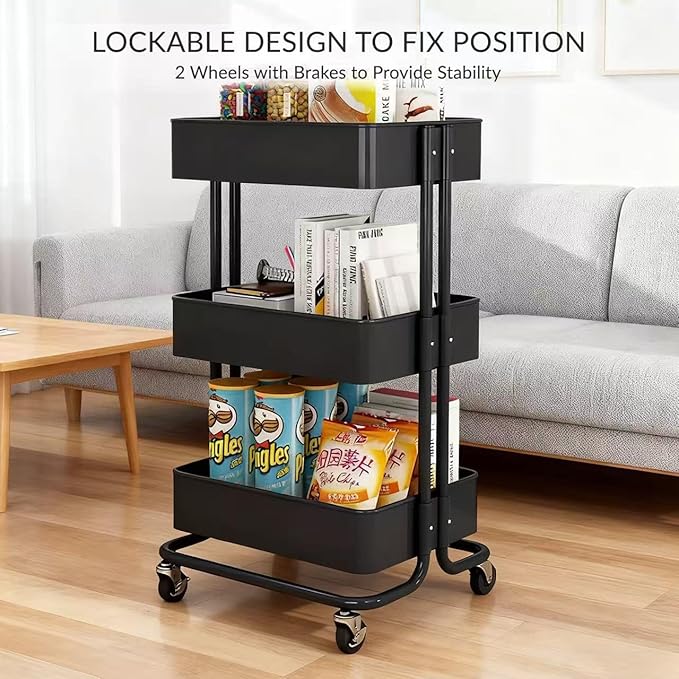 Mobile 3-Tier Mesh Utility Trolley with Handle and Lockable Wheels Rolling Metal Organiser Cart Multi-Purpose Storage Rack for Kitchen, Living Room or Office Black, Full Carbon Steel Construction