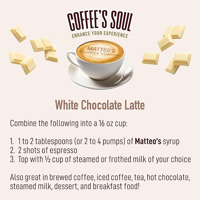 Matteo's White Chocolate Syrup for Coffee, Lattes, Cappuccinos & Desserts – Sugar-Free Sweetener for Beverages, Keto Friendly, Zero Calories, Indulgent Flavor, Non-Alcoholic, 33.8oz (6pk)