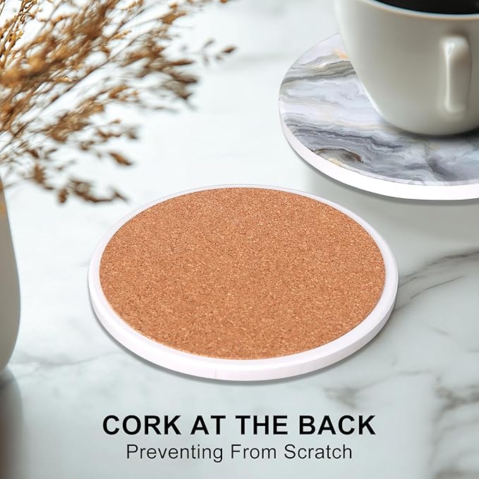 6 Pcs Grey Abstract Ceramic Coasters with Holder: 6 Round Modern Drink Coasters, Absorbent, Non-Slip, Gold Metal Holder