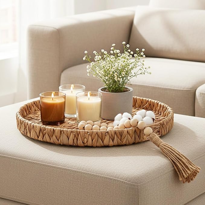 Round Ottoman Tray Large Wicker Serving Tray with Handles for Coffee Table, 18 Inch Handwoven Natural Water Hyacinth Tray