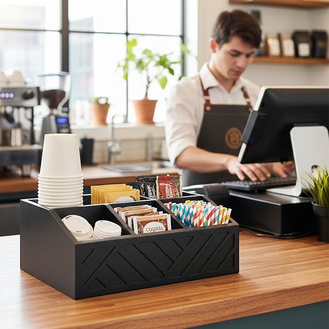 Kifmurase Black Coffee Station Organizer for Counter, Wood Coffee Pods Holder Storage Basket with 5 Compartments, Coffe and Tea Condiment Basket Storage Organizer, Farmhouse Bar Accessories Decor