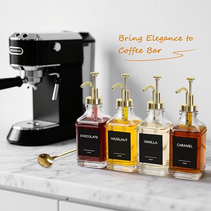 Coffee Bar Accessories, Coffee Syrup Dispenser 16.9 fl oz/500ml, Glass Syrup Dispenser with Gold Pump Dispenser, Labels, Spoons for Coffee Bar, 4 Pack