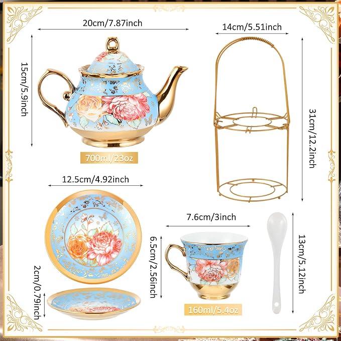 Zhehao 20 Pcs Porcelain Tea Set with Metal Holder and Spoon Adult Ceramic Tea Set European Flower Painting Teapot Cup Saucer Spoon for Women, Large Version (Simplicity Style)