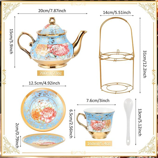 Zhehao 20 Pcs Porcelain Tea Set with Metal Holder and Spoon Adult Ceramic Tea Set European Flower Painting Teapot Cup Saucer Spoon for Women, Large Version (Simplicity Style)