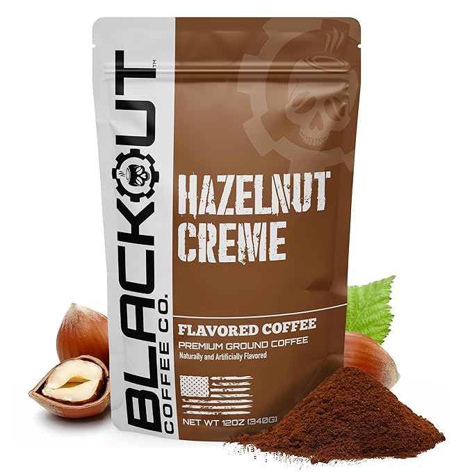 Blackout Coffee Hazelnut Creme Flavored Ground Coffee – Medium Roast, Smooth Taste, Guilt-Free Indulgence – Freshly Roasted 12oz Bag.
