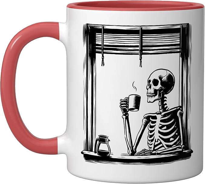 Skeleton Drinking Coffee - Minimalist Graphic Coffee Lover Ceramic Mug, Red/White