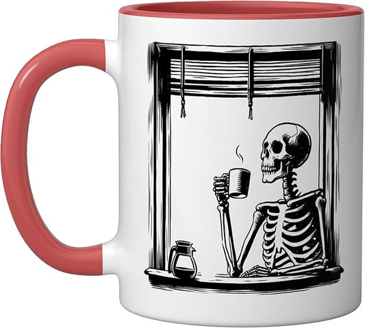 Skeleton Drinking Coffee - Minimalist Graphic Coffee Lover Ceramic Mug, Red/White