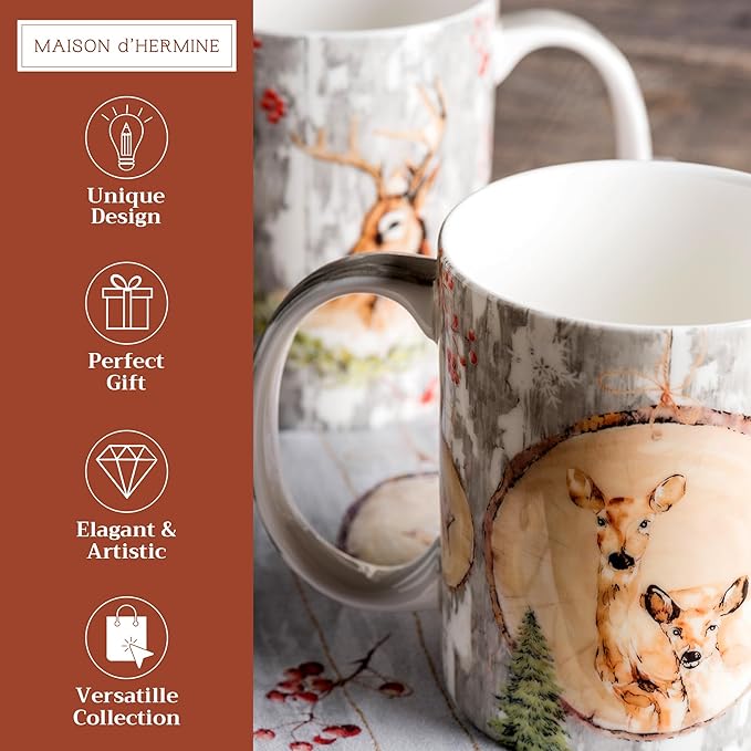 Maison d' Hermine Coffee Mug with Handles Fine Bone China Mugs Pack of Two Tea Cups for Hot Beverages Cappuccino Latte Home Restaurant Office Perfect for Gift (Mountain Life, 12 Ounce)