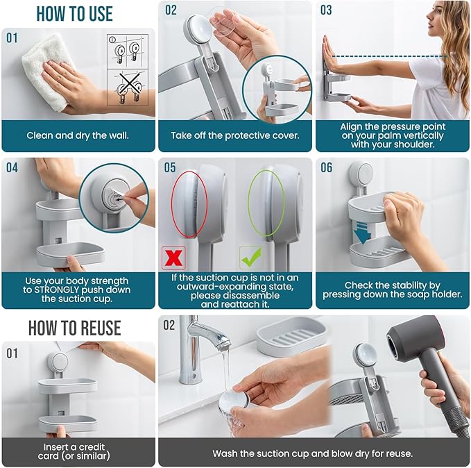 TAILI Double Layer Soap Dish Holder Suction Cup, Strong Sponge Holder for Shower, No Tools Soap Saver for Bathroom, Tub and Kitchen Sink, Shower Accessories, Drill-Free, Removable, Grey