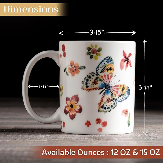 Maison d' Hermine Coffee Mug with Handles Fine Bone China Mugs Pack of One Tea Cups for Hot Beverages Cappuccino Latte Home Office Perfect for Gift (Happy Florals - High Summer Butterfliess, 12 Ounce)