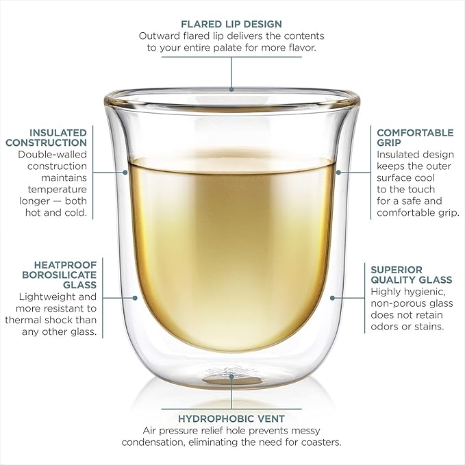 Teabloom Tulip Insulated Glasses for Tea, Espresso and Other Beverages - Double Walled Heatproof Glass Maintains Drinks Hot/Cold, 6 oz (Set of Two)