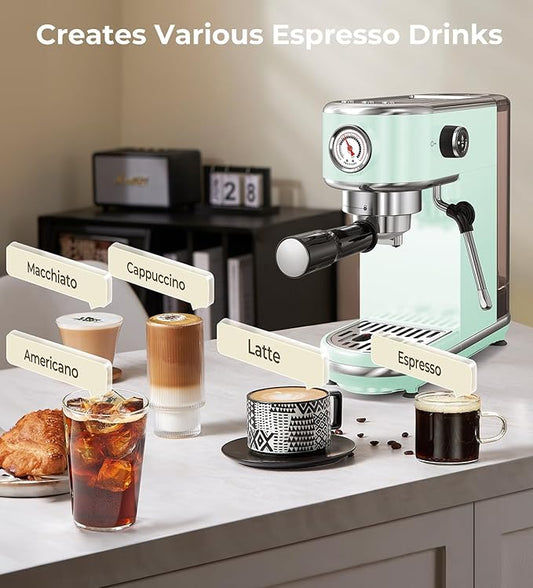 20 Bar Espresso Machine with Milk Frother, Compact Espresso Maker, Stainless Steel Coffee Machine with Precise Temp Control & 44oz Removable Water Tank for Latte, Cappuccino, Light Green
