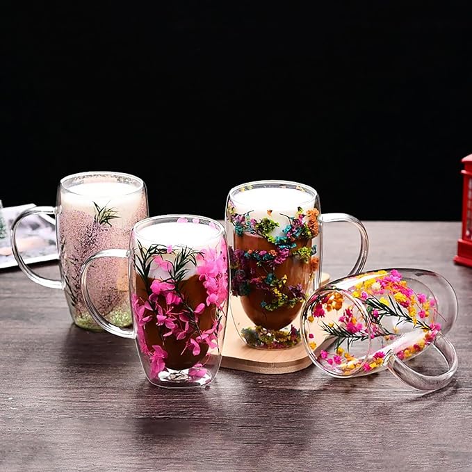 Double Wall Coffee Mugs, 5.71 IN Insulated Glass Coffee Mugs with Handle Aesthetic Dried Flowers Cups with Handles Clear Glass Cups Large Coffee Mug for Hot Drinks Tea (C)