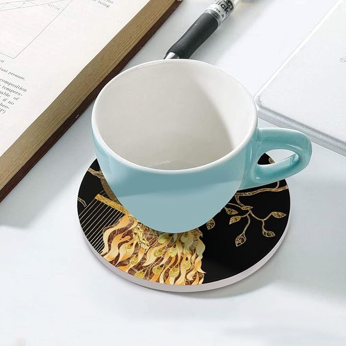 Round-4PCS Peacock Drink Coasters, Round Modern Ceramic Absorbent Coasters, Vintage Tree Branch Beautiful Gold Peacock Decor Desk Coffee Table Coaster for Beverage Cup Tea Coasters