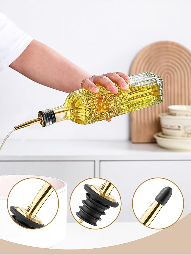 4 Pcs Olive Oil Dispenser Bottle for Kitchen,17oz Clear Glass Oil and Vinegar Dispenser Bottle Set, Classic Coffee Syrup Dispenser with 4 Stainless Steel Spouts and 1 Funnel (Square)