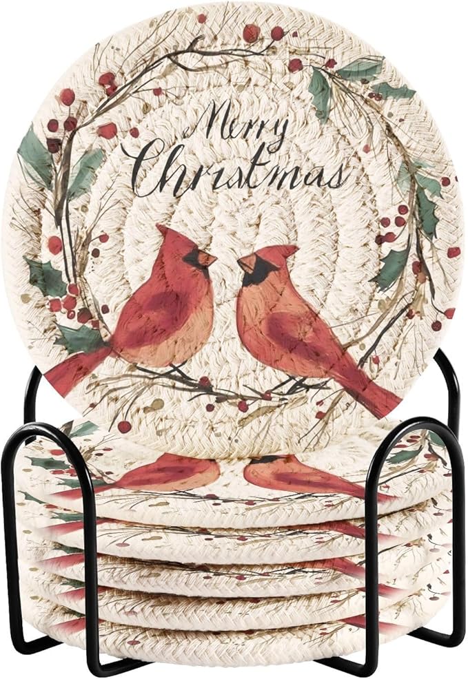 Christmas Coasters with Holder Wreath Cardinals Red Bird Coasters Set of 6 Cotton Woven Absorbent Cup Coaster Christmas Xmas Holiday Party Table Decor 4 Inches