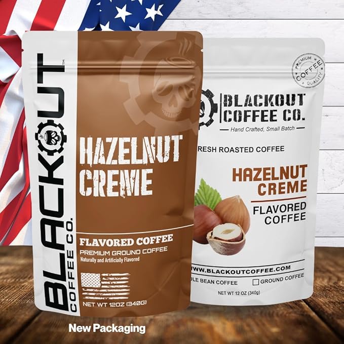 Blackout Coffee Hazelnut Creme Flavored Ground Coffee – Medium Roast, Smooth Taste, Guilt-Free Indulgence – Freshly Roasted 12oz Bag.