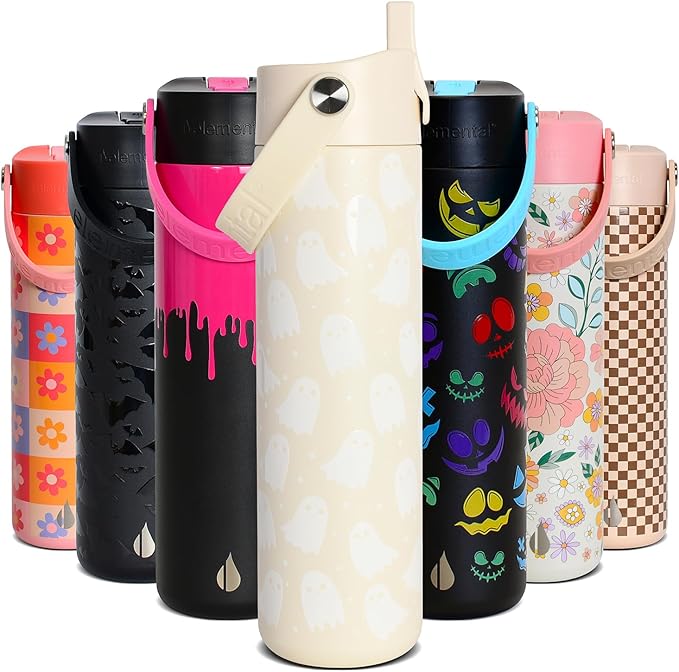 Elemental 24oz Insulated Water Bottle with Straw - 100% Leak-Proof Stainless Steel Core Water Bottles for Travel, Sports and Gym - Double Wall Insulation & BPA Free - Little Ghostie