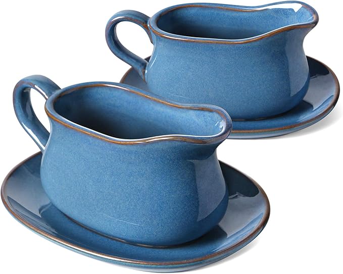LE TAUCI 17oz Gravy Boat with Saucer Stand, Set of 2, Ceramic Sauce Boat with Tray for Salad Dressings, Creamer, Broth, Black Pepper, Ceylon Blue