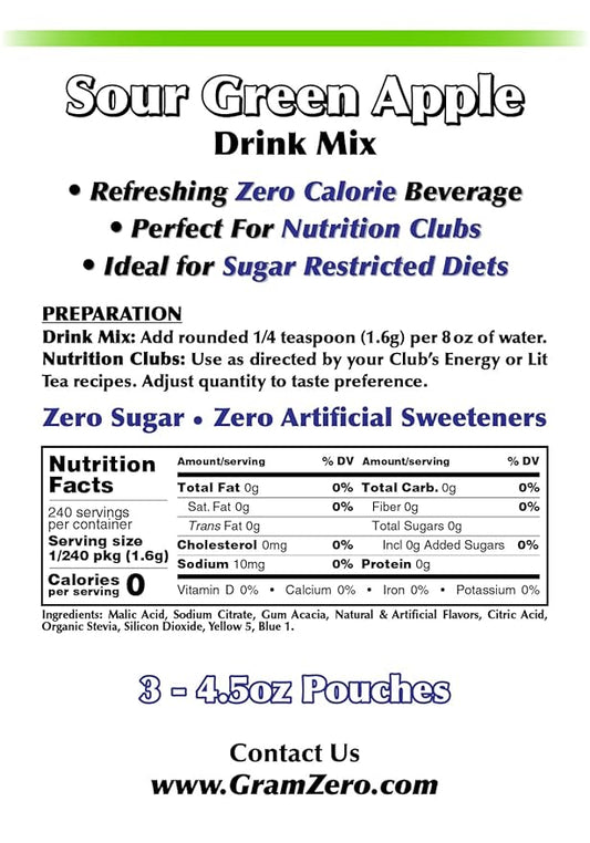 GramZero Sour Green Apple Zero Calorie Sugar Free Drink Mix, Great For Nutrition Club Loaded Tea, Stevia Sweetened