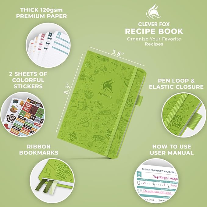 Clever Fox Recipe Book – Blank Family Cookbook – Empty Cooking Journal – Notebook Organizer to Write In Recipes – Medium, A5 (Apple Green)