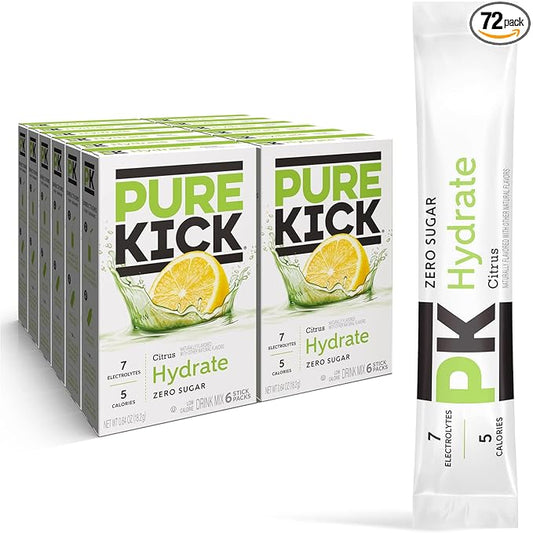 PURE KICK Hydration Singles To Go Drink Mix, Citrus, Includes 12 Boxes with 6 Packets in each Box, 72 Total Packets