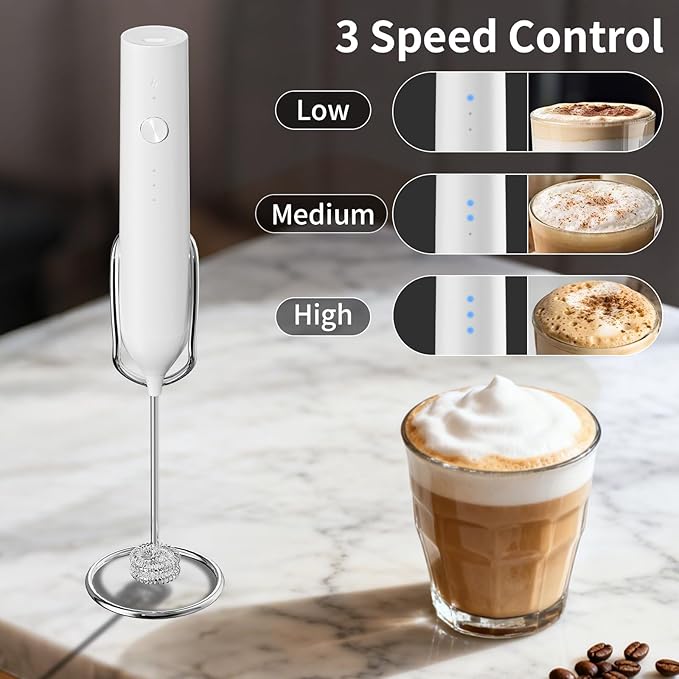 Kitchen Milk Frother Handheld with Stand, 3 Speeds Adjustable Mixer Electric Handheld Frother Wand, Hand Mixer Matcha Whisk Coffee Stirrers for Matcha, Hot Chocolate, Egg, Lattes - White