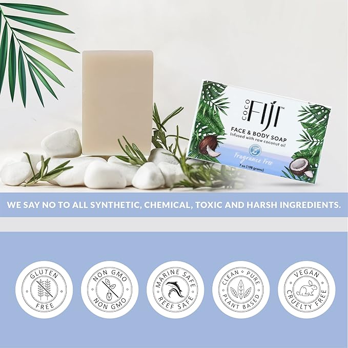 Coco Fiji Soap Bar for Face and Body Infused With Organic Coconut Oil, Fragrance Free, Essential Oil, Natural Soap for Moisturizing & Pore Purifying Skin, 7 oz,Pack of 12