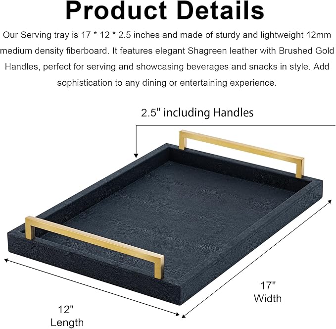 Black Faux Leather Serving Tray, 17x12 inches, Brushed Gold Handles, Decorative Tray for Ottoman Coffee Table, Living Room, Kitchen, Bathroom