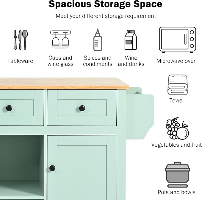 Yayzy Rolling Kitchen Island with Drop Leaf & Cabinet Door Storage Racks, 53” Kitchen Cart with 3 Drawers, Rubberwood Top, Locking Wheels, for Kitchen and Dining Room, Mint Green