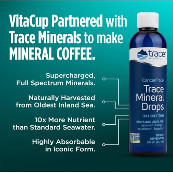 VitaCup Mineral Coffee Pods with Trace Minerals, Hydrate, Replenish & Restore, Sea Minerals, Electrolytes, Organic Coffee, Medium Dark Roast, Single Serve Pod Compatible with Keurig K-Cup Brewers,32Ct