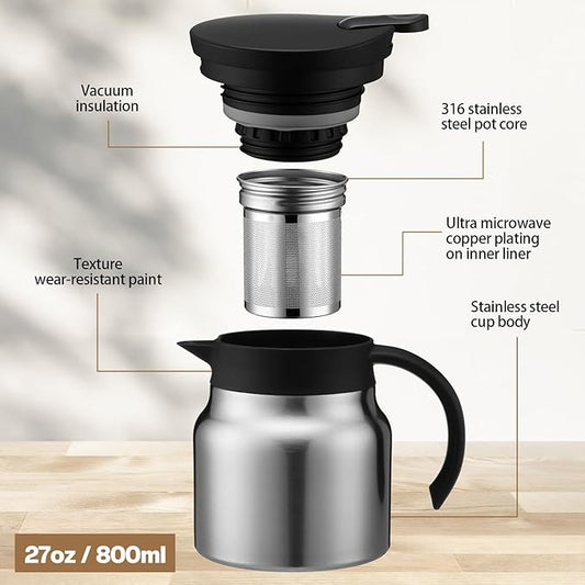 2 Pcs Thermal Coffee Carafe for Keeping Hot/Cold Stainless Steel Small Coffee Creamer Container Double Wall Vacuum Insulated Tea pot Beverage Dispenser for Milk Hot Chocolates(Sliver,27 oz)