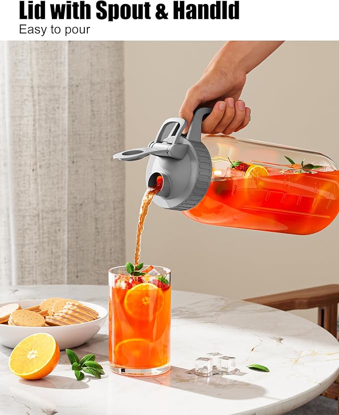 OneDream Glass Pitcher with Lid – 64oz Glass Mason Jar Pitcher with Wide Mouth, Airtight Seal, Leak-Proof, Spout Design – Ideal for Iced Tea, Sun Tea, Cold Beverages, and Home Entertaining
