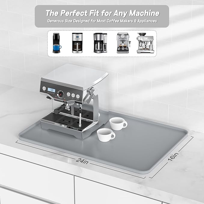 Garolue Silicone Coffee Mat,24"×16" Waterproof Heat Resistant Bar Mat for Espresso Machine Station Accessories,Non Slip Dish Drying Mat for Kitchen Counter,Home Decor Essentials,Grey