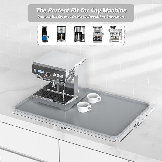 Garolue Silicone Coffee Mat,24"×16" Waterproof Heat Resistant Bar Mat for Espresso Machine Station Accessories,Non Slip Dish Drying Mat for Kitchen Counter,Home Decor Essentials,Grey