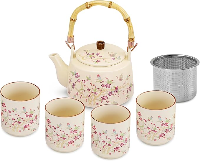 fanquare Japanese Ceramic Tea Set, 17oz Bamboo Handle Teapot with Stainless Steel Infuser and 4 Cups, Floral Pattern Tea Service for Loose Leaf Tea, Gift for Tea Lovers
