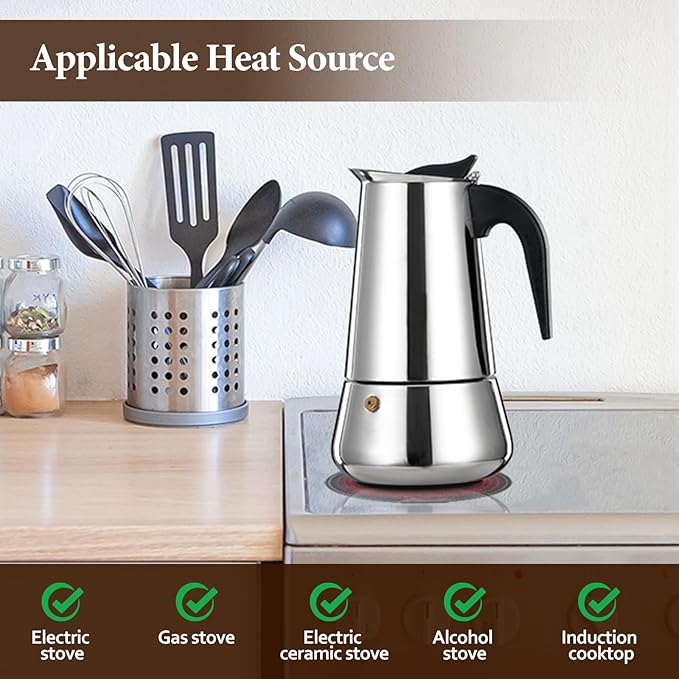 6 Cup Moka Pot Percolator Italian Coffee Maker 300ml Stovetop Espresso Mocha Stainless Steel Greca Coffee Maker Classic Cafe Makers Suitable for Induction Cookers Ceramic Stoves Tummy