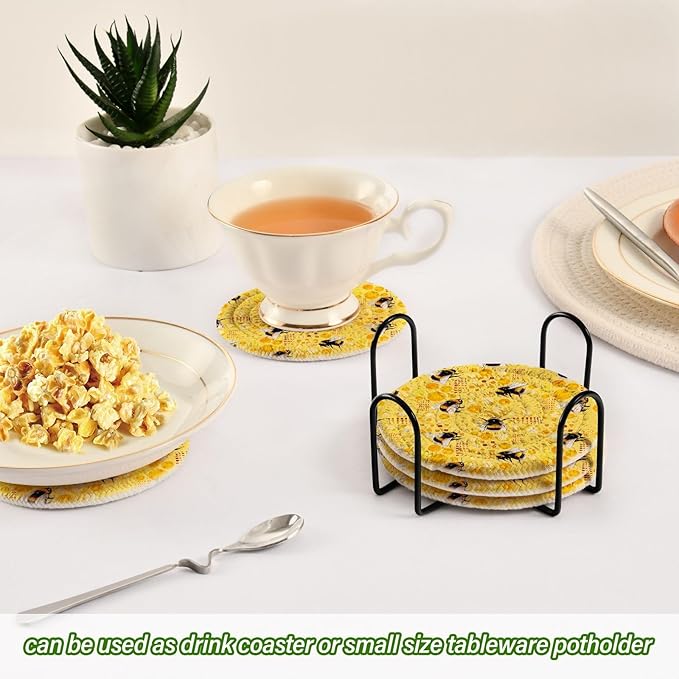 Yellow Honeycomb Drink Coasters Set of 6 - Absorbent Decorative Bar Coasters for Coffee Table Protection