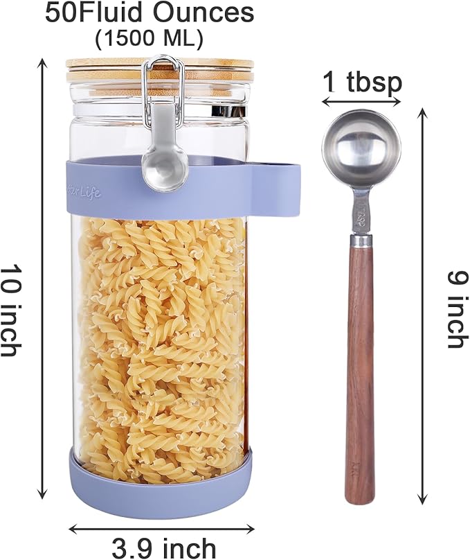 Airtight Glass Nuts Storage Jar with Spoon (50 oz / 1.5L) – Large Food Canister with Bamboo Sealed Lid for Nuts, Walnuts, Cashews, Almonds – Keeps Snacks Crunchy – Pantry Organization Container