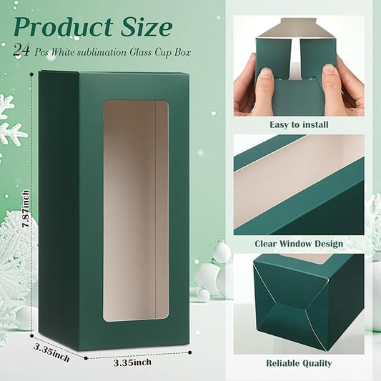 Honoson 24 Pcs Tumbler Gift Box with Ribbon for Sublimation Glass Exhibition Boxes Transparent for 12oz 16oz 20oz Drinking Cup Glasses Jars Mug Can Blanks(Green)