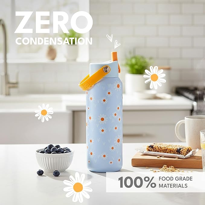Elemental 40oz Insulated Water Bottle with Straw - 100% Leak-Proof Stainless Steel Core Water Bottles for Travel, Sports and Gym - Double Wall Insulation & BPA Free - Daisy Daydream